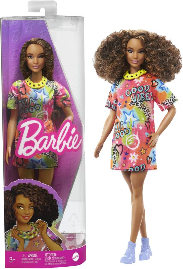 BARBIE Fashionistas Doll #210 with Brown Hair in Bun, withColorful Crochet Halter Dress