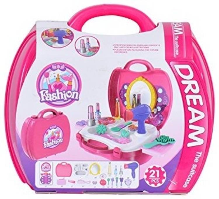 RRCollection Beauty Salon Fun: Pretend Play Makeup Kit and Hair Dryer Toy Set for Kids