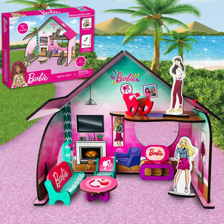 BARBIE Mini Doll House for Girls and Boys DIY Paint Wooden Dollhouse Toy with Furniture