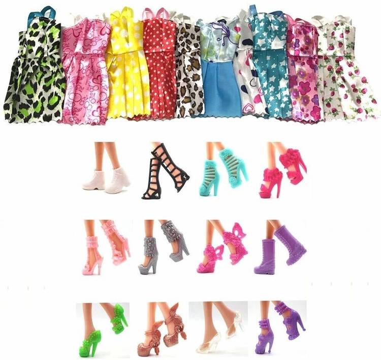 IDREAM Multicolor Doll Party Fashion Clothes (Pack of 12pcs) & Plastic Colorful Doll Shoes (Pack of 12pair)