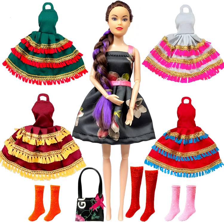 mini gifts - Long Hair Doll Set with 4 Lace Design Doll Dresses, 3 Pair Socks & 1 Doll Bag