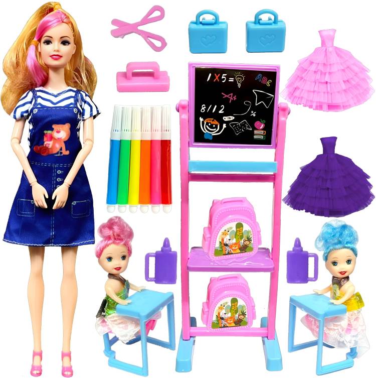 BABRO - Teacher Doll Set with 2 Baby Student & Accessories, 2 Doll Frock Pink - Purple