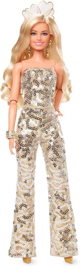 BARBIE The Movie Doll, Margot Robbie Doll, Gold Disco Jumpsuit with Glossy Curls, heels