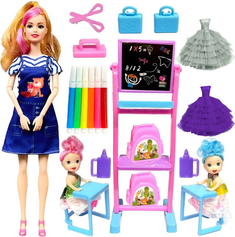 BABRO - Teacher Doll Set with 2 Baby Student & Accessories, 2 Doll Frock Grey - Purple