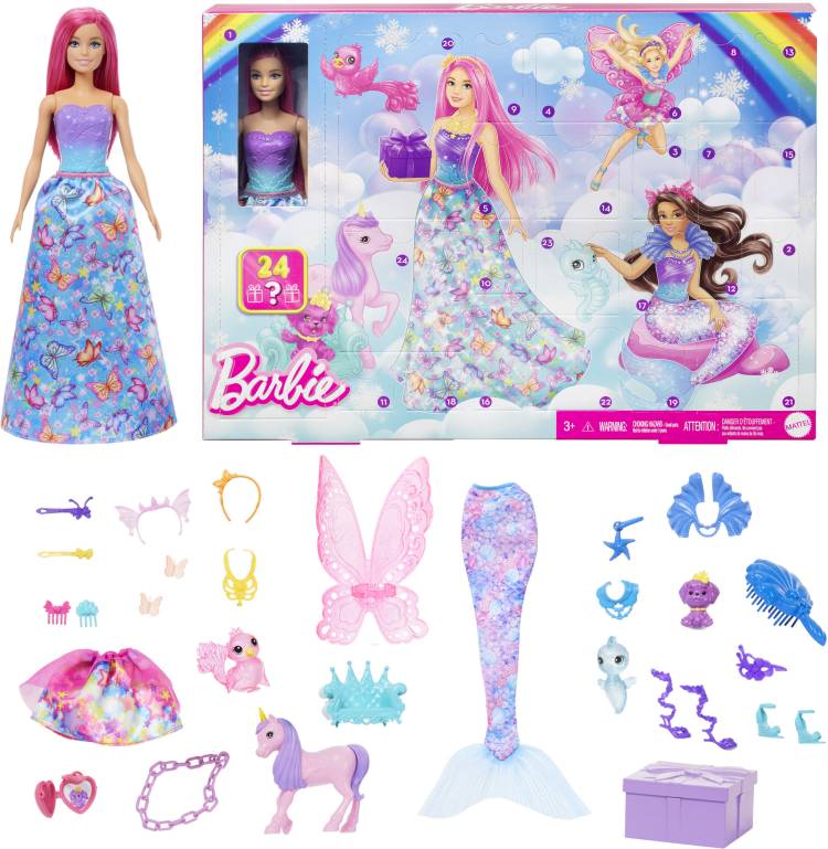 BARBIE Advent Calendar, Fashion Doll & 24 Surprise Accessories, Transform to Mermaid