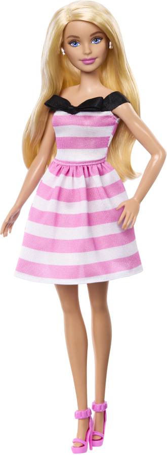 BARBIE 65th Anniversary Doll with Blonde Hair, Pink Striped Dress and Accessories