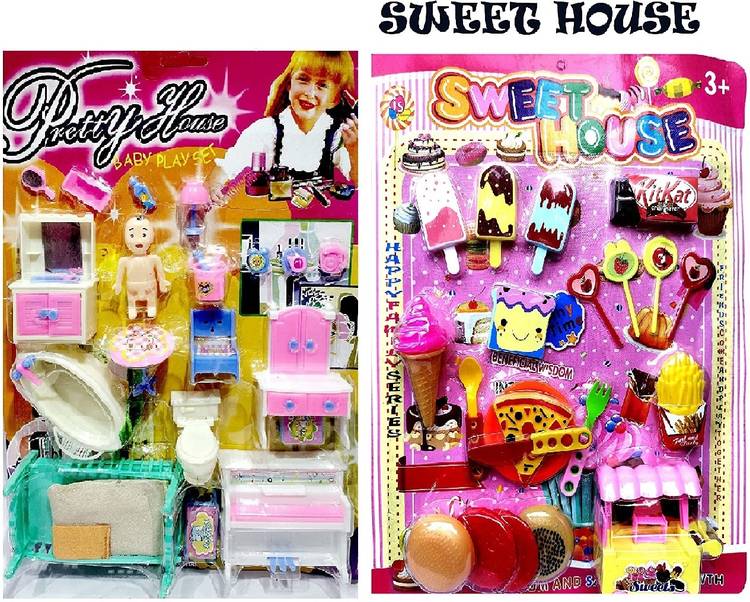 M S.Toys Doll House Pizza Ice Cream, Set for Girl's Combo of 2 Doll House Pretend Play Se