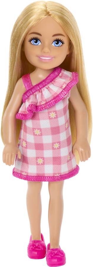 BARBIE Chelsea Doll, Small Doll Wearing Removable Checked Dress & Pink Shoes