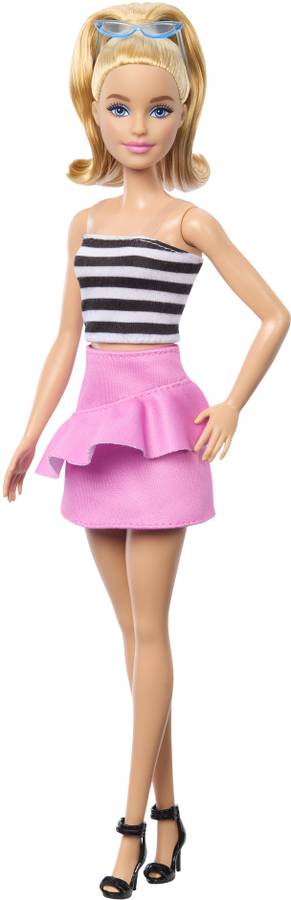 BARBIE Fashionistas Doll #213, Blonde with Striped Top, Pink Skirt & Sunglasses