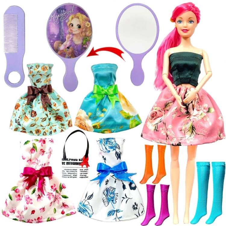 mini gifts - Doll Set With 4 Bow Design Dresses, Mirror & Comb Set And Accessories