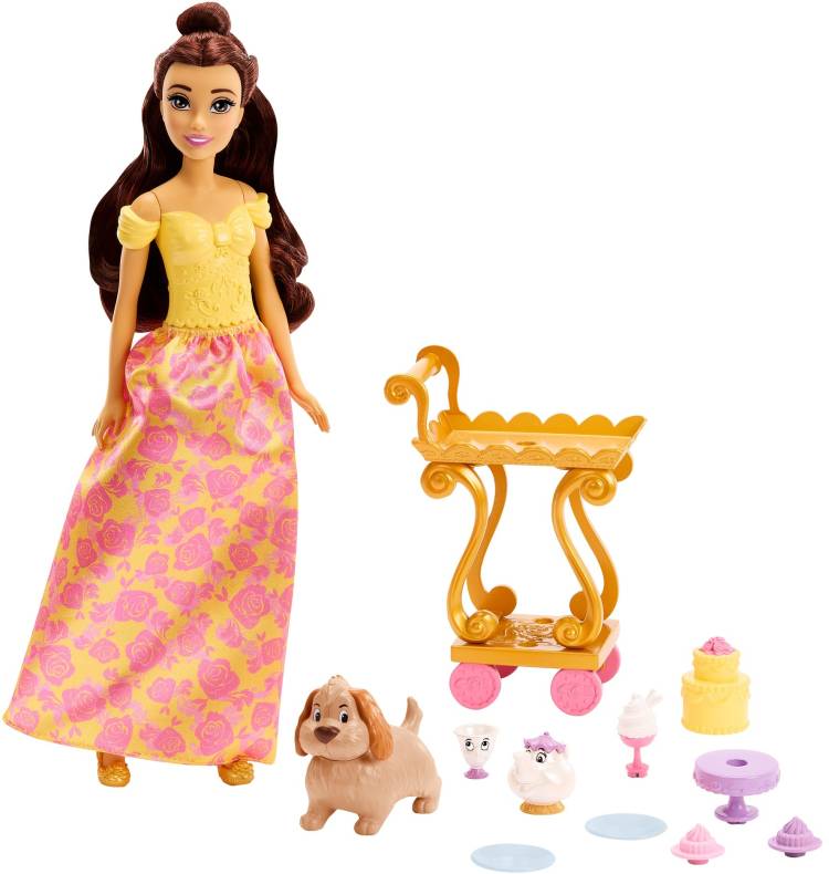 DISNEY PRINCESS Belle Doll with Shiny Clothing, Tea Cart