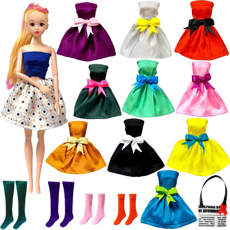 mini gifts Doll Set for Girls, Movable Doll with 10 Doll Dresses, 4 Pair Socks and 1 Bag