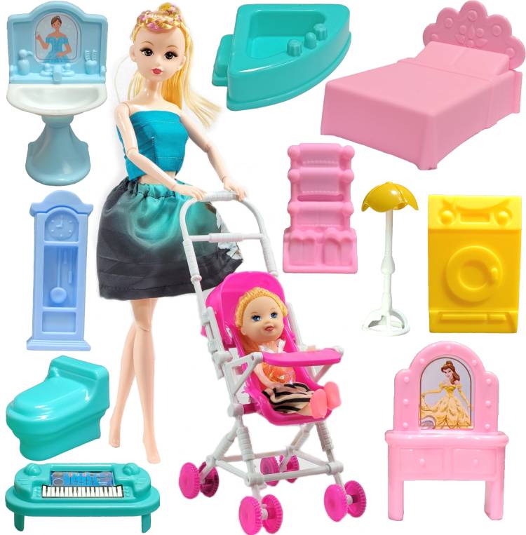 mini gifts Folding Doll Set & Baby Doll with Stroller and 10 Doll Makeup Accessories