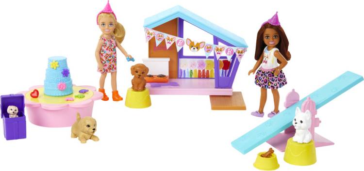 BARBIE Chelsea Celebration Fun Dolls & Playset with 2 Small Dolls, Doghouse, Puppies.