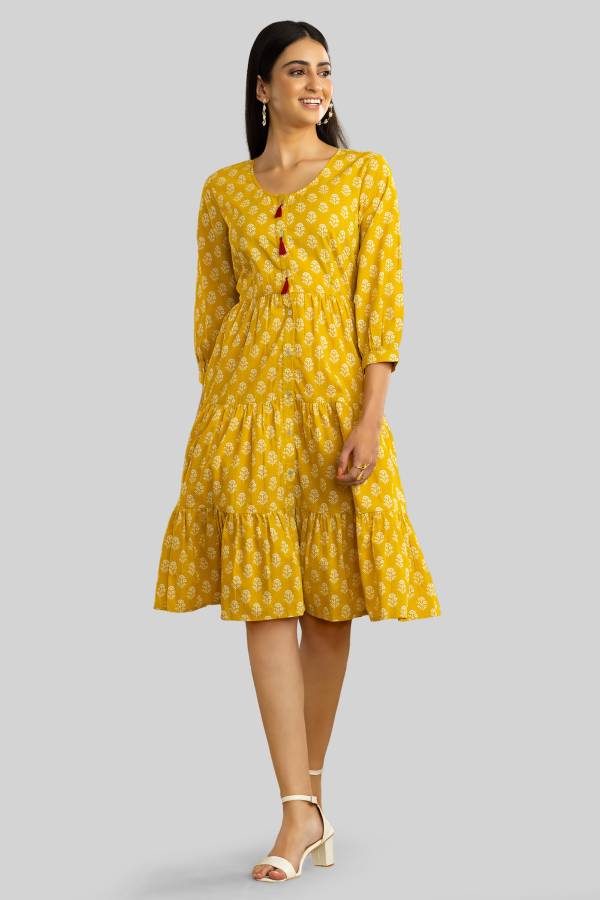 Women A-line Yellow, Beige Dress Price in India