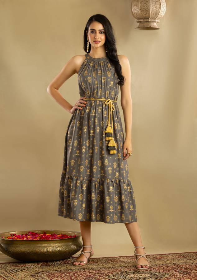 Women Fit and Flare Grey, Gold Dress Price in India