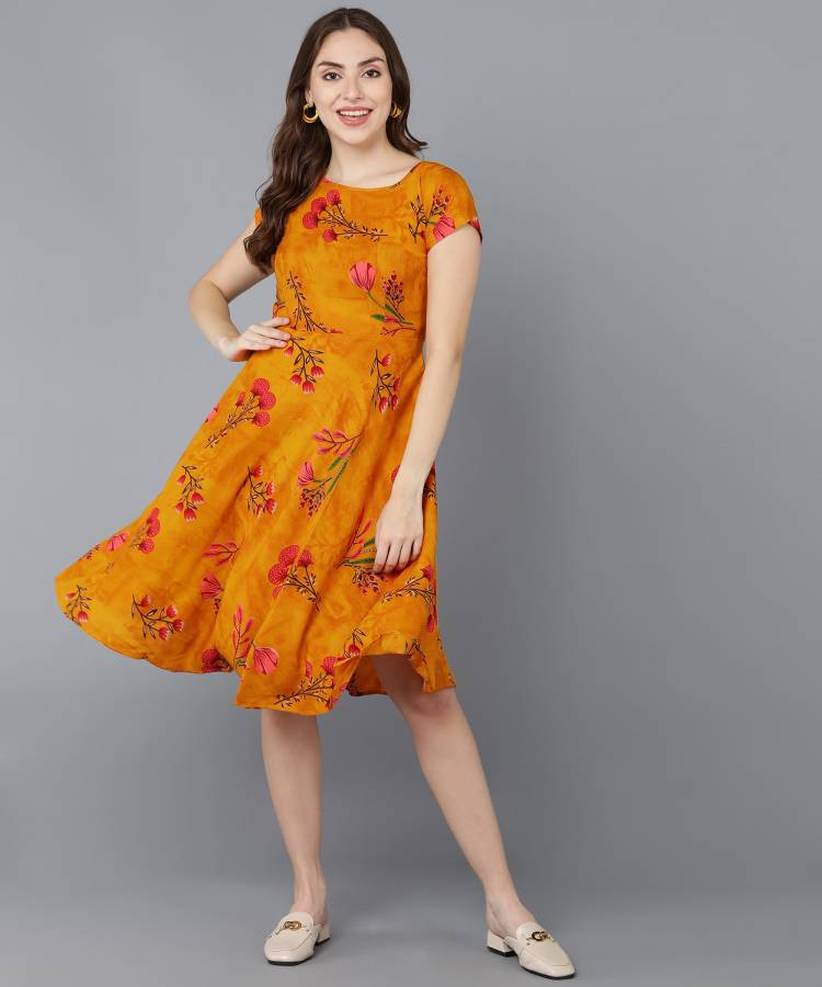 Women Fit and Flare Orange Dress Price in India