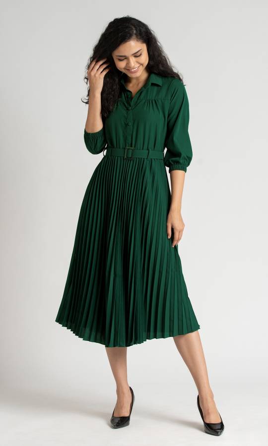 Women Pleated Green Dress Price in India