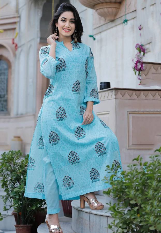 Women Floral Print Cotton Blend Straight Kurta Price in India