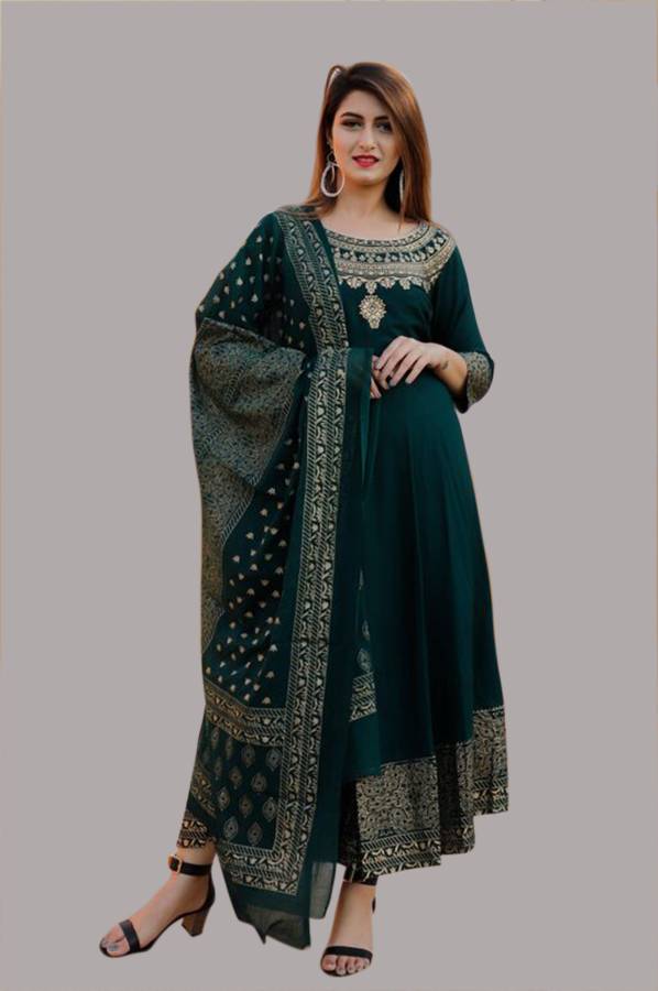 Women Printed Cotton Blend Anarkali Kurta With Attached Dupatta Price in India