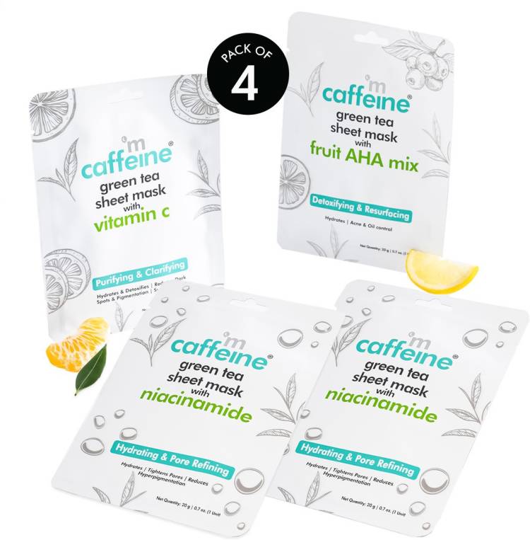 mCaffeine Vitamin C, Niacinamide, Fruit AHA Mix Face Sheet Masks with Green Tea Pack of 4 Price in India
