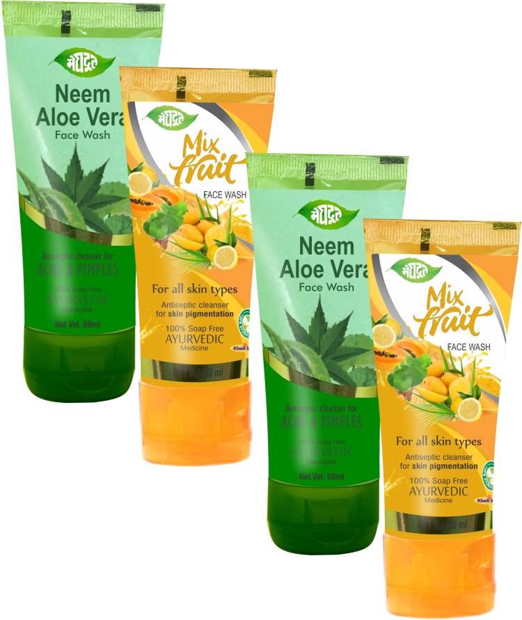 MEGHDOOT Neem Aloevera 60mlx2 & Mix Fruit  60mlx2 (Pack of 4) Face Wash Price in India