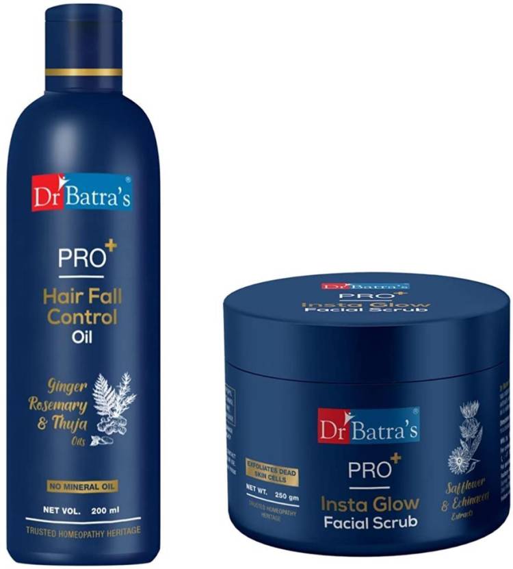 Dr Batra's PRO+ Hair Fall Control Oil -200 ml and PRO+ Insta Glow Facial Scrub-250 g Price in India