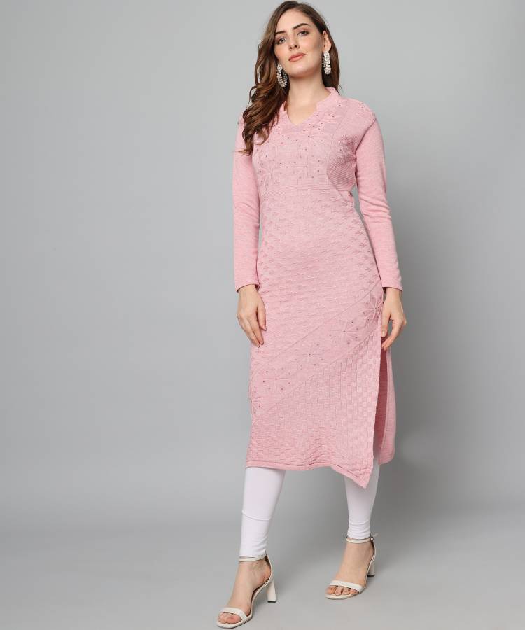 Women Self Design Wool Straight Kurta Price in India