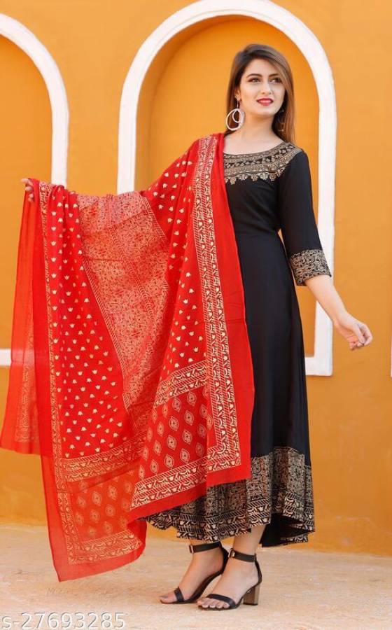 Women Printed Cotton Blend Anarkali Kurta With Attached Dupatta Price in India