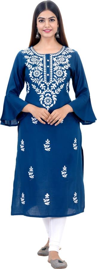 Women Chikan Embroidery, Embroidered Cotton Rayon Straight Kurta Price in India