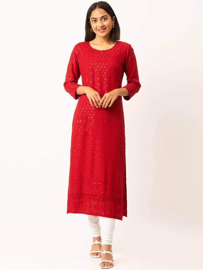 Women Embellished Cotton Rayon Straight Kurta Price in India