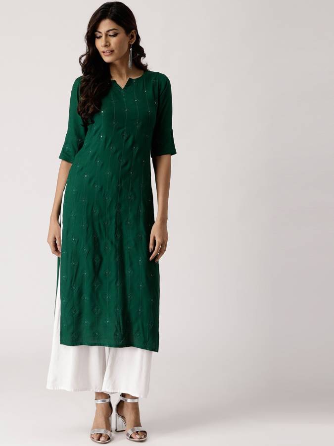 Women Embellished Viscose Rayon Straight Kurta Price in India