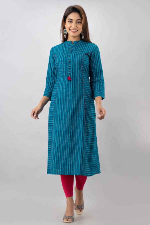 Women Printed, Striped Cotton Blend Straight Kurta Price in India