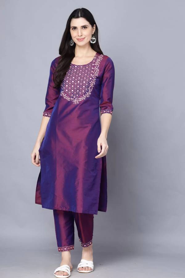 Women Embroidered Art Silk Straight Kurta Price in India