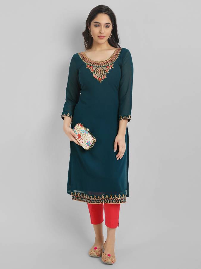 Women Embroidered Georgette Straight Kurta Price in India