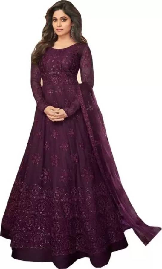 Women Embroidered Net Flared Kurta With Attached Dupatta Price in India