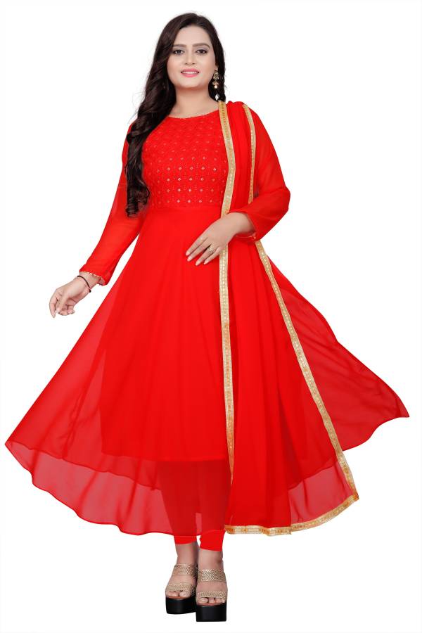 Women Embroidered Georgette Anarkali Kurta With Attached Dupatta Price in India