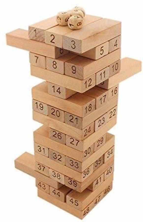 Nizomi 51 Pcs Blocks 4 Dices Wooden Tumbling Stacking Jenga Building Tower Game (Multicolor)