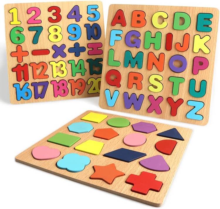 Authfort 3 in 1 Educational Blocks Alphabet Number Shape ABC Name Puzzles Toys for Kids