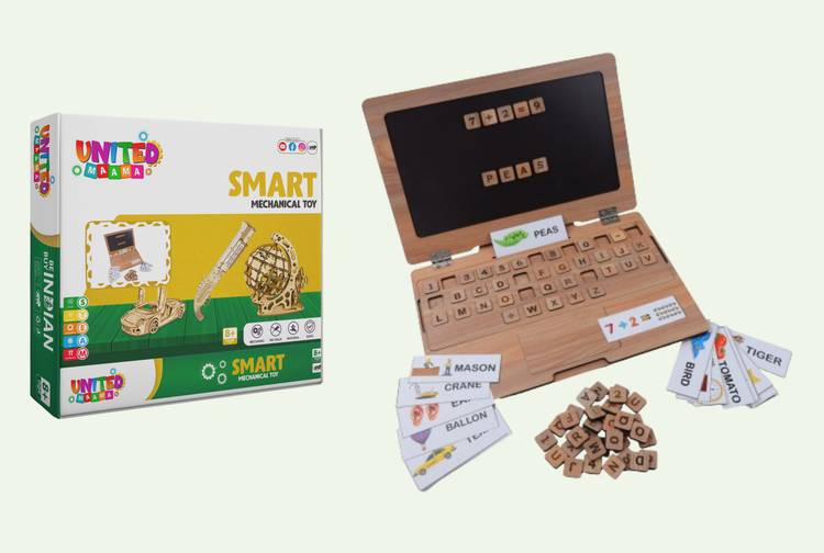 UnitedMaama Wooden Laptop Matching Letters Toy with Flash Cards Words Toy for Kid