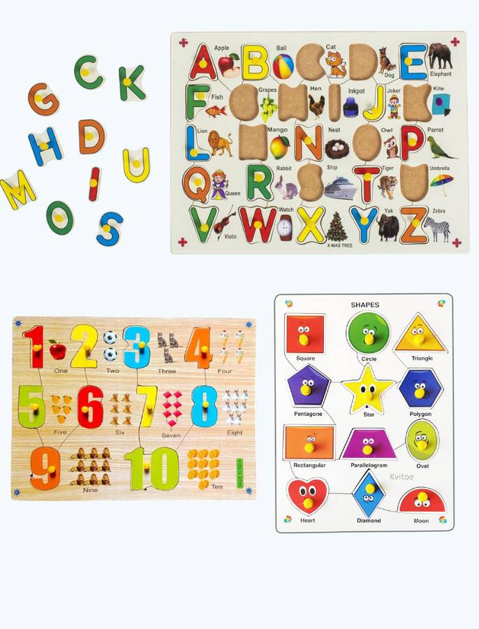 ZUNBELLA Wooden Learning Educational Board Set of 3 Alphabets, Numbers & Shapes For Kids