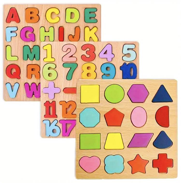 WISHKEY Wooden 3D Capital Alphabets, Numbers, and Shapes Board Puzzle Toy for Kids