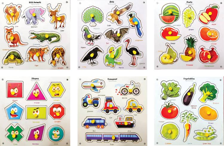 Khilonewale Fruits, Vegetables, Animals, Transport, Shapes, Birds Wooden Puzzle for Kids