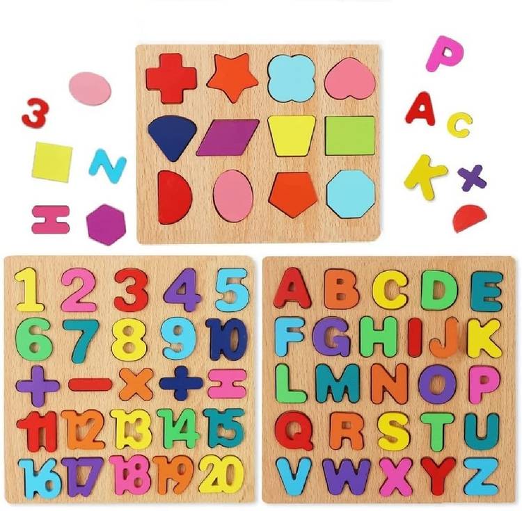 Rainbowstore 3 Brown Wooden Learning Boards - Alphabet, Numbers, and Shapes Puzzles for Kids