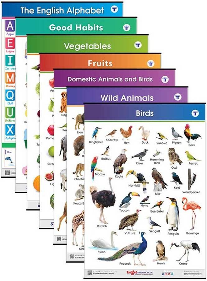 Target Publications Jumbo All in One Educational Charts for Kids | Learn about English Alphabets, Fruits, Vegetables, Good Habits, Domestic, Wild Animals & Birds with Colourful Pictures for Children | 39.25 x 27.25 Inch