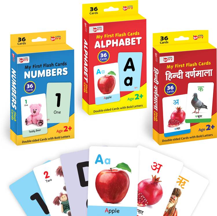 Little Berry First Flash Cards for Kids (Set of 3): ABC, Numbers, Hindi Varnmala - 108 Cards