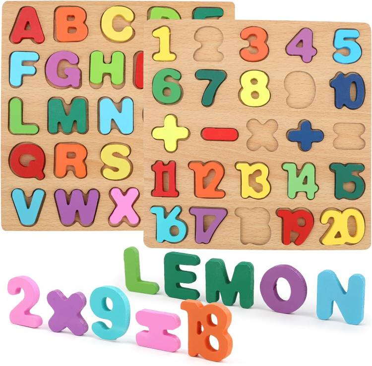 Authfort Toddler Wooden Numbers Puzzle Game& ABC Capital Letters and 123 Numbers Learning Board toys combo pack of 2