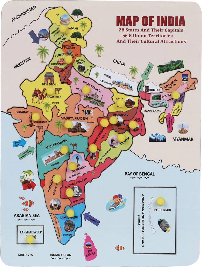 woodzania Wooden India Map Tray with Knob