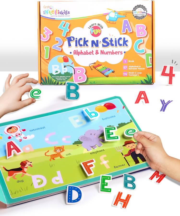 Intelliskills Pick N' Stick Alphabet & Numbers Montessori Activity Book with Reusable Stickers