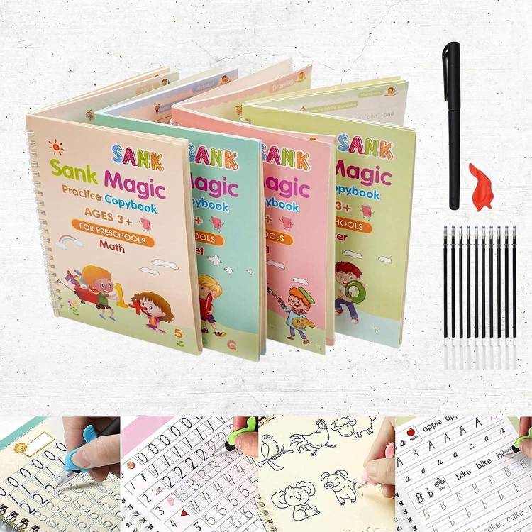 XORTIC Magic Practice Copybook (4 BOOK + 10 REFILL + 1 PEN + 1 GRIP) Reusable MagicBook